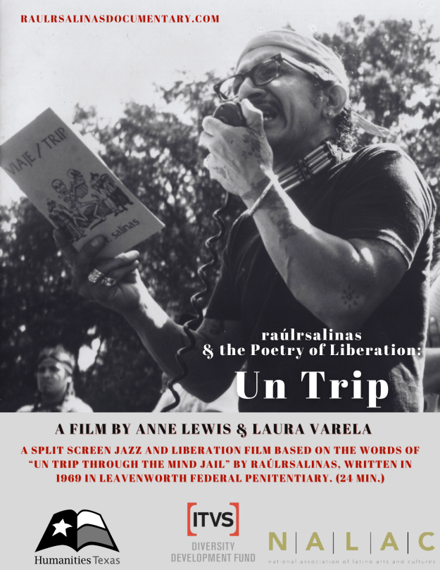 Un Trip: raúl r salinas and the Poetry of Liberation Poster Poster for Un Trip, raulrsalinas & the Poetry of Liberation. Key Art is Black and white image of a young raul salinas reading from his book Un Viaje/Un Trip.