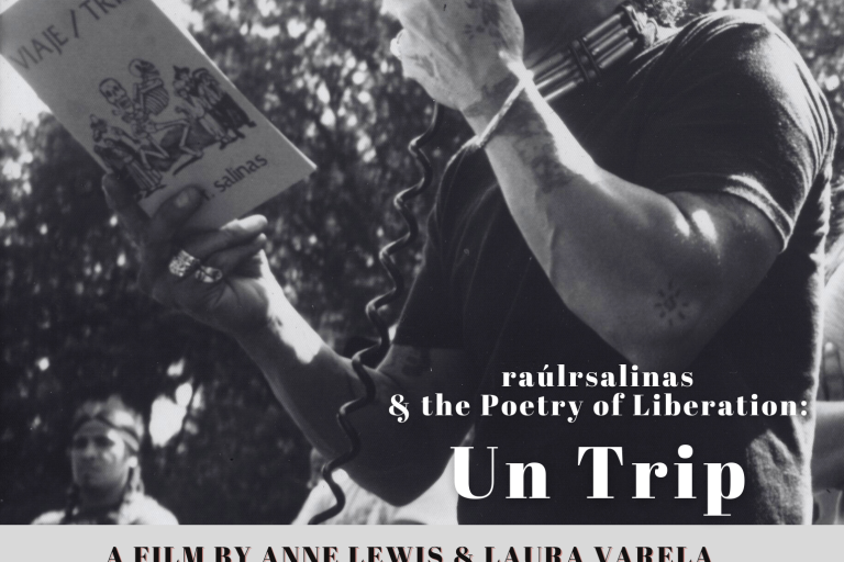 Poster for Un Trip, raulrsalinas & the Poetry of Liberation. Key Art is Black and white image of a young raul salinas reading from his book Un Viaje/Un Trip.